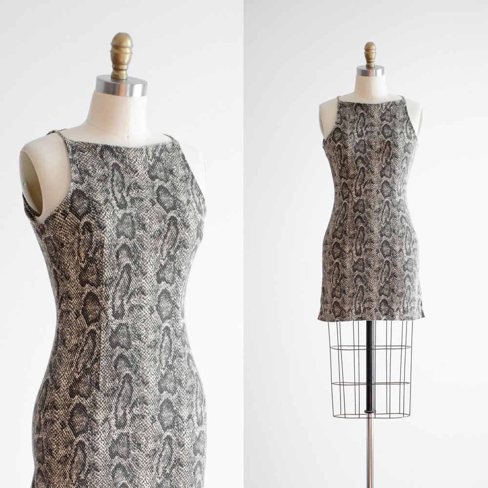 Vintage Snakeskin Bodycon Mini Dress 90s Y2K Animal Print XS Brown Sleeveless